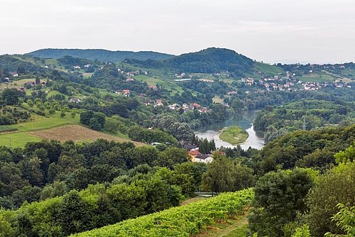 pogled na rek Dravo, obdano s gričevnato pokrajino