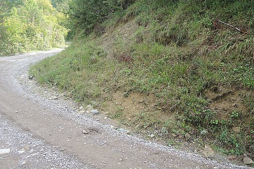 fotografija travnate brežine nad makadamsko cesto