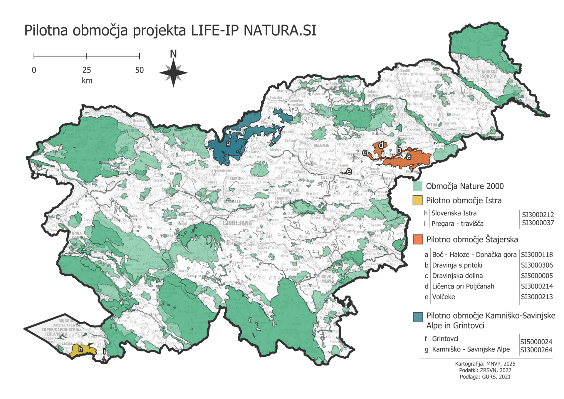 Karta območij Nature 2000 v Sloveniji. Z različnimi barvami so označena pilotna območja projekta LIFE-IP NATURA.SI
