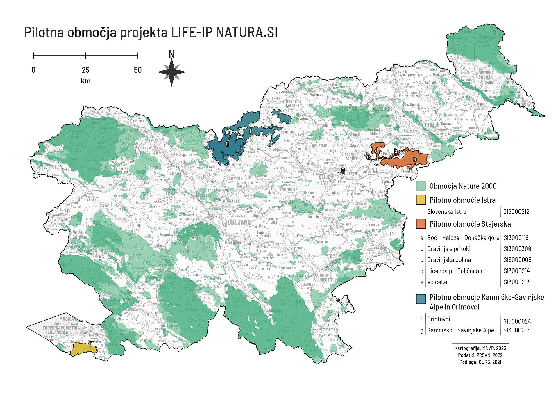 Karta območij Nature 2000 v Sloveniji. Z različnimi barvami so označena pilotna območja projekta LIFE-IP NATURA.SI