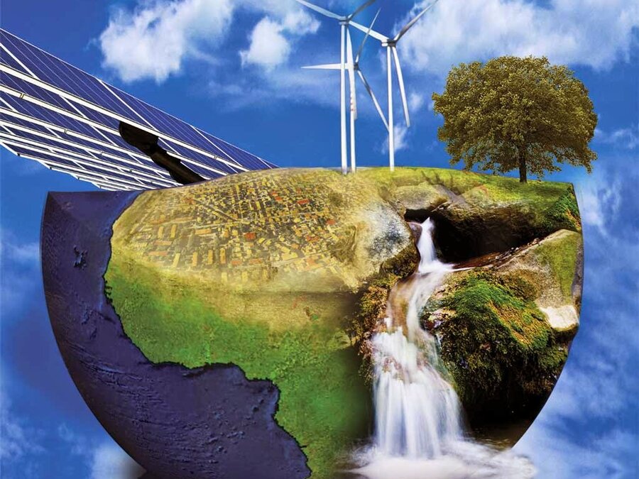 kolaž fotografij narave in obnovljivih virov energije